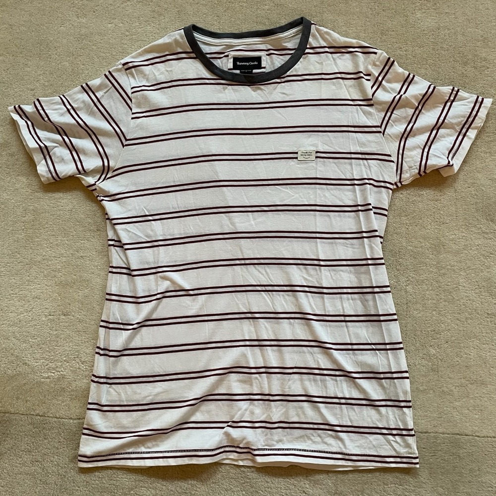 Barney Cools Mens Striped T-Shirt White Burgundy Short Sleeve Crewneck Small